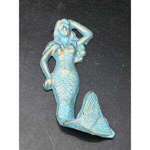 Grotto Beach Decor Coat Hat Wall Hook Cast Iron Mermaid Blue Patina 6”